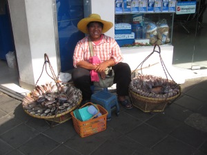 This lady sells her fish from baskets which she can take anywhere.