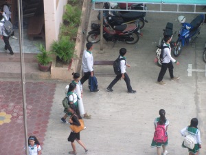 Students heading to class at the NGO school next to my hotel.