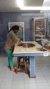 Tempering the chocolate.